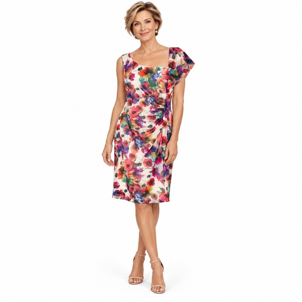 Joseph Ribkoff Women 14 Dress Floral Ruched Asymmetrical Sleeve Wedding Guest